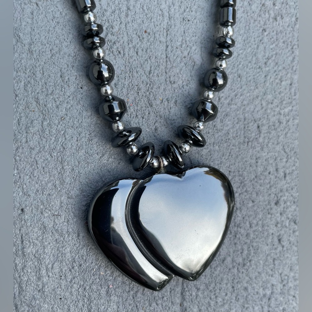 Hematite Bead Necklace w/ Double Heart Pendant - 18” - EXCELLENT CONDITION